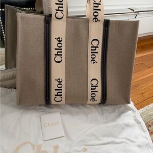 Chloé Large Woody Canvas Tote Bag Navy and Beige